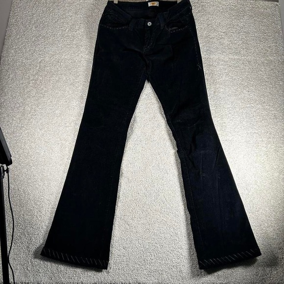 Y2K women's low rise flare bootcut black suede pants with lace accents - Picture 2 of 8